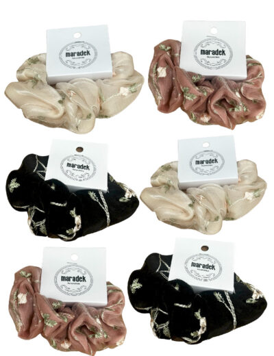 Floral Embroidered Stretchy Mesh Double Layered Large elastic Hair Scrunchies - 6 Pieces