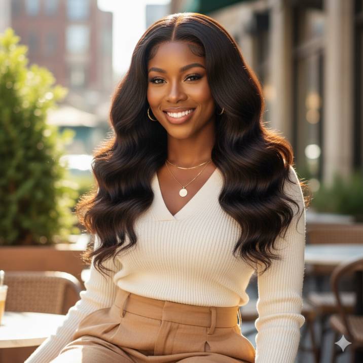 Black woman wearing a body wave wig —