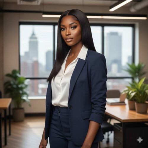 “A stylish Black woman in an office setting, wearing a bone straight HD lace wig with middle parting, professional outfit, sharp confident look. Editorial style with soft lighting.”