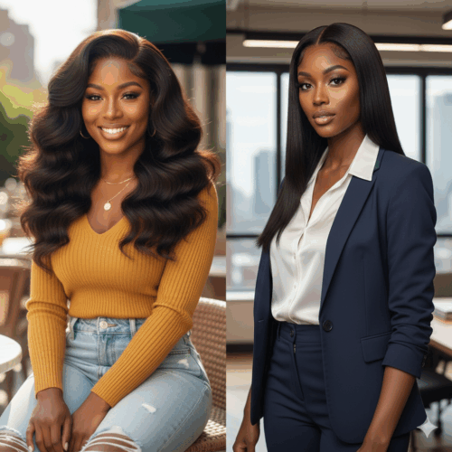 Split image showing body wave vs straight wigs on a Black woman