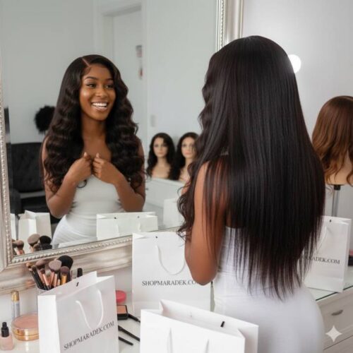 Smiling Black woman looking in a mirror while trying on two wigs: a body wave and a silky straight, surrounded by wig boxes and shopping bags from shopmaradek.com. High-quality lifestyle photography style.