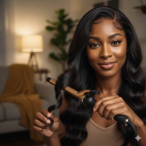 Black-woman-styling-her-human-hair-lace-wig-with-a-curling-wand-soft-curls-forming-cozy-home-environment-realistic-style Ultimate Wig Care Routine