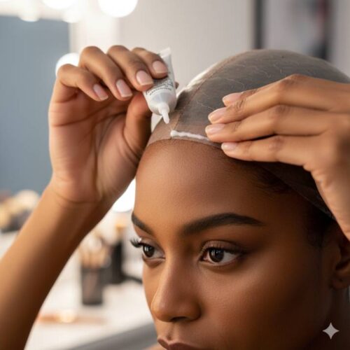 Close-up-of-a-woman-applying-wig-glue-along-her-hairline-before-pressing-down-lace-front