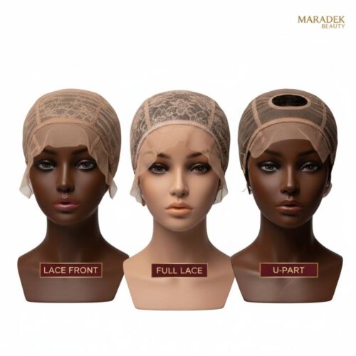 Close-up-of-different-wig-cap-types-lace-front-full-lace-U-part-displayed-on-mannequin-heads-with-labeled-description Perfect Wig for Work