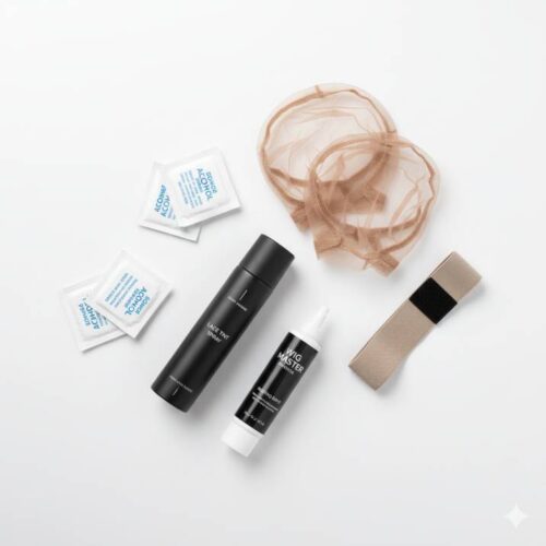 “Flat lay photo of wig installation tools including alcohol wipes, lace tint spray, wig cap, wig glue, melting band on white background, realistic style.”