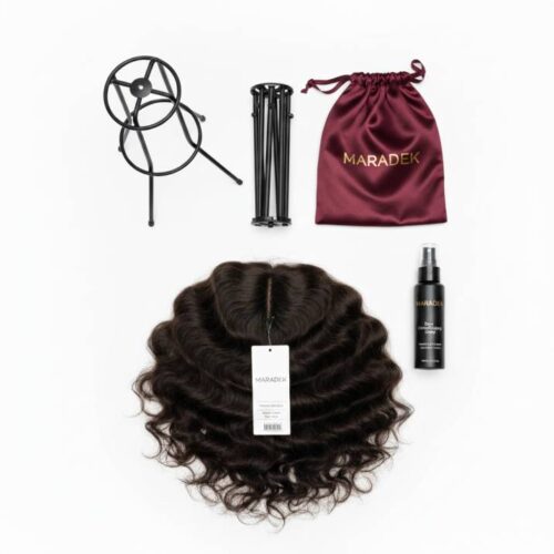 Flat-lay-photo-showing-wig-stand-satin-bag-and-conditioning-spray-with-a-labeled-human-hair-wig-beside-white-background-realistic Ultimate Wig Care Routine