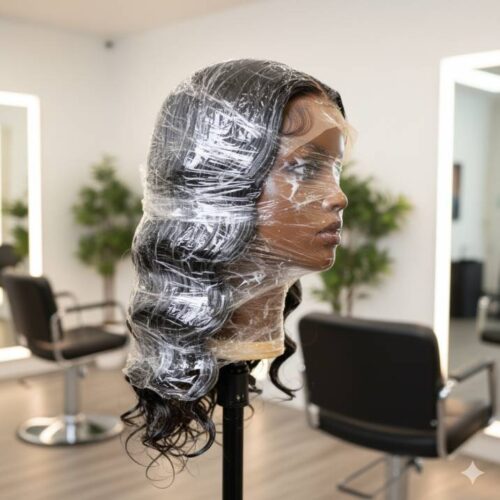 Human-hair-wig-on-mannequin-head-with-conditioner-applied-covered-with-plastic-wrap-for-deep-conditioning-salon-lighting Ultimate Wig Care Routine