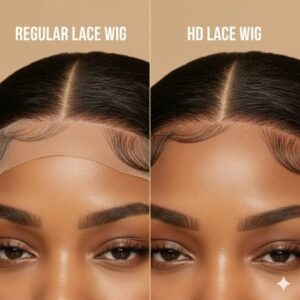 Side-by-side comparison image of regular lace wig vs HD lace wig on brown skin, highlighting natural hairline blending, realistic photography.