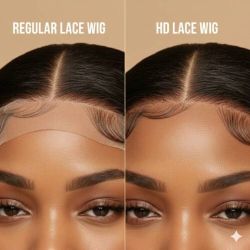 Side-by-side comparison image of regular lace wig vs HD lace wig on brown skin, highlighting natural hairline blending, realistic photography.