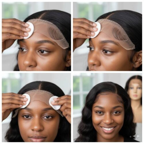 Step by step collage showing safe removal of HD lace wig using adhesive remover