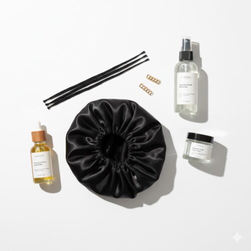 Aesthetic flat lay of braid maintenance essentials: satin bonnet, braid oil, edge control, and spray bottle on a white background, lifestyle product photography