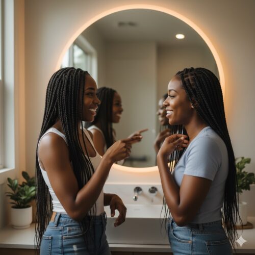 Two Black women comparing knotless and traditional box braids in a mirror, smiling and chatting, modern home setting, warm lighting, lifestyle photography.