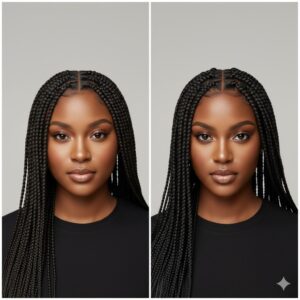 Side-by-side comparison photo of a Black woman with knotless box braids on one side and traditional box braids on the other, showing root differences and neat styling, high-quality studio lighting.