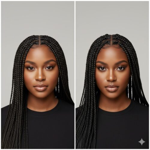 Side-by-side comparison photo of a Black woman with knotless box braids on one side and traditional box braids on the other, showing root differences and neat styling, high-quality studio lighting.