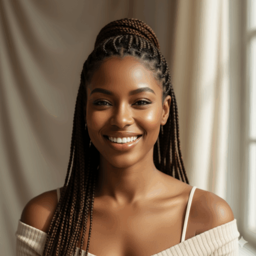Smiling Black woman with smooth, frizz-free box braids, natural lighting, beauty editorial style