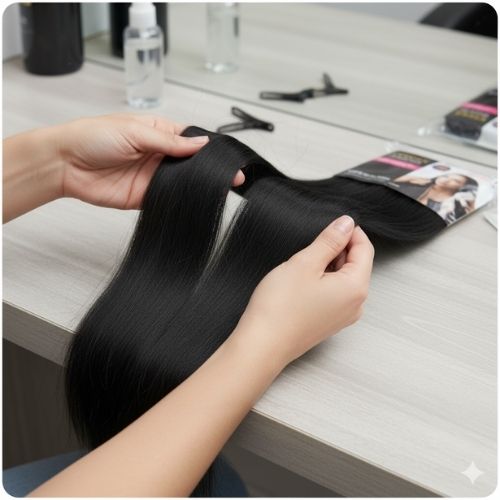 Close-up of hands separating pre-stretched braiding hair bundles on a salon table