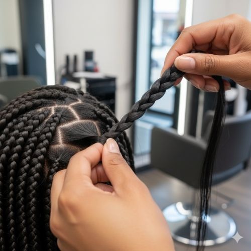 Stylist installing pre-stretched hair for knotless braids to minimize frizz.