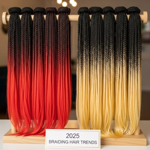 Gemini Prompt: Ombre braiding hair in black-to-red and black-to-blonde tones displayed neatly, 2025 trend. Alt text: 2025 trending braid colors ombre braiding hair mixes US trend