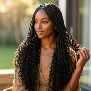 Black woman wearing long Zizi curls braids, soft bohemian texture, natural lighting, effortless luxury hairstyle, lifestyle photography, ultra-realistic.