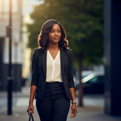 Confident Black woman in professional outfit wearing a natural lace front wig, walking outdoors, sunlight, cinematic lifestyle photography, elegant mood.