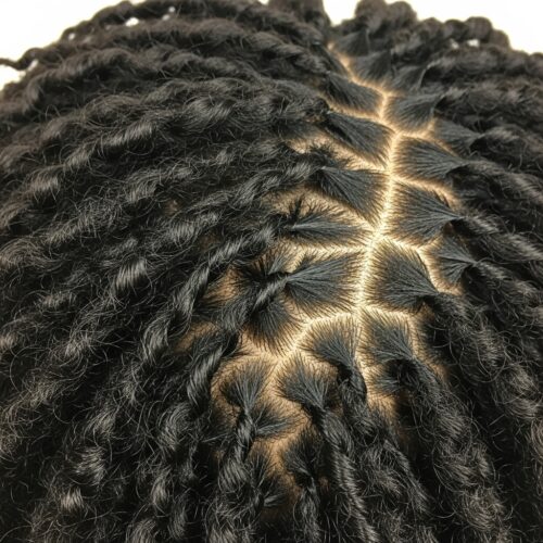 Macro shot of Marley hair blending seamlessly with natural 4C hair roots, realistic texture match, educational beauty photography.