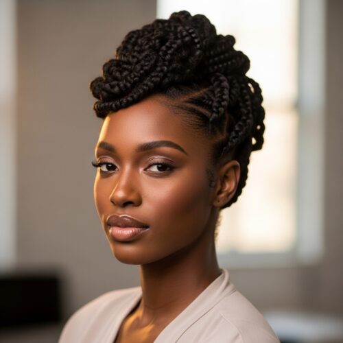 Confident Black woman with natural-inspired protective hairstyle, minimal makeup, neutral background, soft lighting, luxury editorial hair photography, 4K realism.