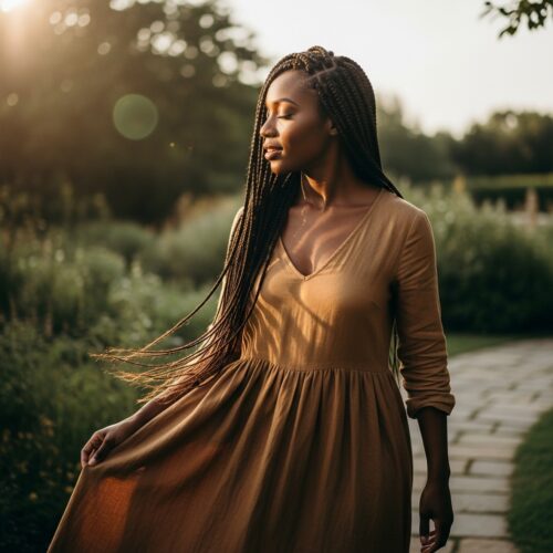 Black woman wearing 30-inch box braids, elegant posture, flowing length, outdoor natural light, cinematic lifestyle photography.