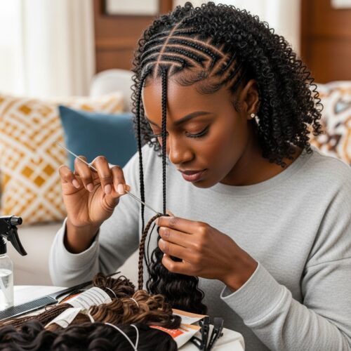 Black woman installing crochet micro braids at home, neat sections, soft lighting, realistic tutorial-style image