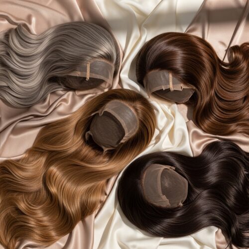 Luxury flat lay of premium human hair wigs on silk fabric, neutral tones, soft studio lighting, high-end beauty photography, realistic texture, 4K quality.”