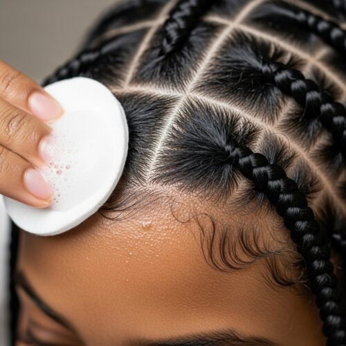 Cleaning scalp with braids using a cotton pad for braid maintenance