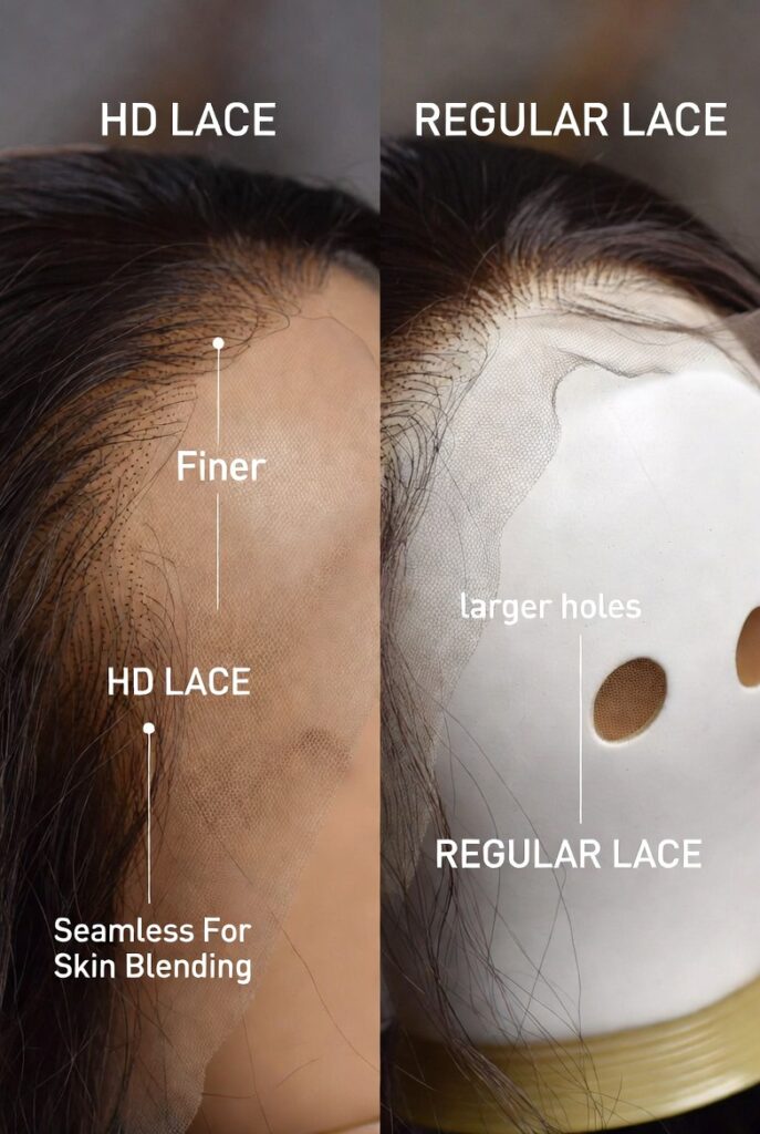 Macro close-up comparison of HD lace vs regular lace wig, labeled differences, realistic skin blending, studio lighting, educational beauty image.