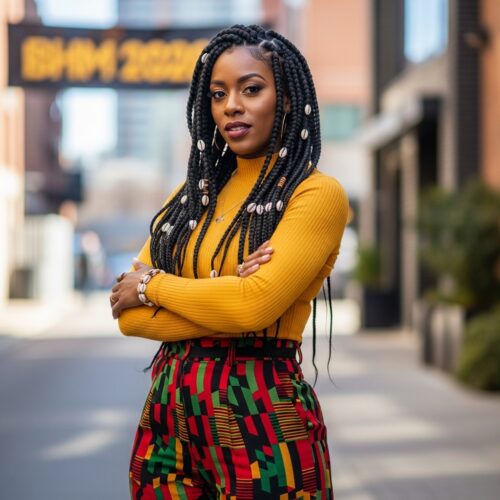 Jumbo African braids and traditional Ghana weaving for iconic Black History Month glam.