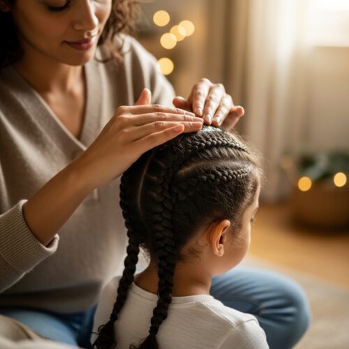 Daughter’s scalp care routine with oils for healthy scalp under extensions