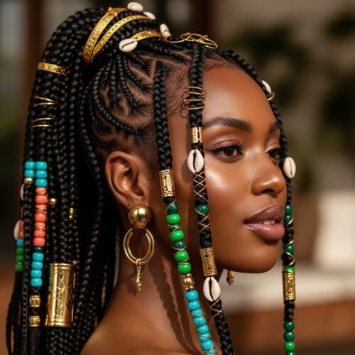 African-inspired braided styles like Fulani braids with beads for Black History Month glam.
