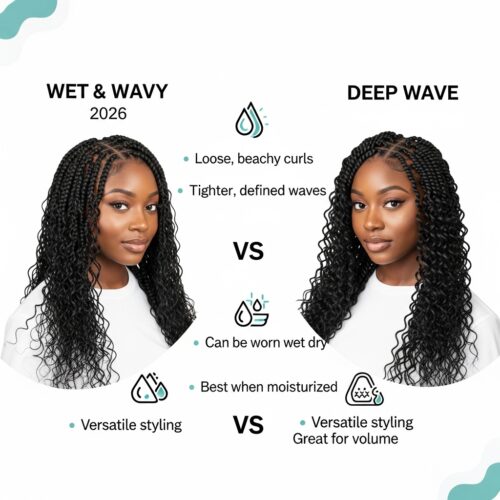 Professional, SEO-friendly." Alt text: Comparing wet and wavy braiding hair vs deep wave for 2026 trends