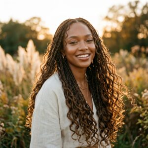 Black woman with boho braids with curly ends — step by step boho braid tutorial result