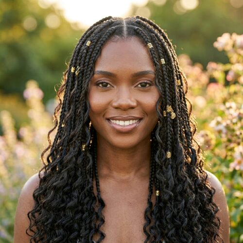 Finished boho braids with curly ends on a Black woman — front view of completed boho knotless braid style