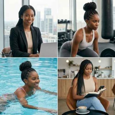 Black woman in different lifestyle settings wearing knotless braids — protective styles for active lifestyles and professional environments