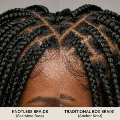 Close-up of knotless braids vs box braids at the scalp — showing the difference between a knotless base and traditional knot
