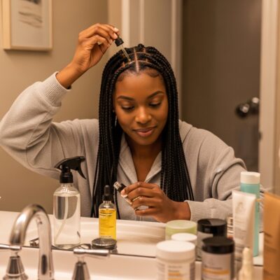 Knotless braids maintenance — applying scalp oil to keep protective braids healthy and long-lasting