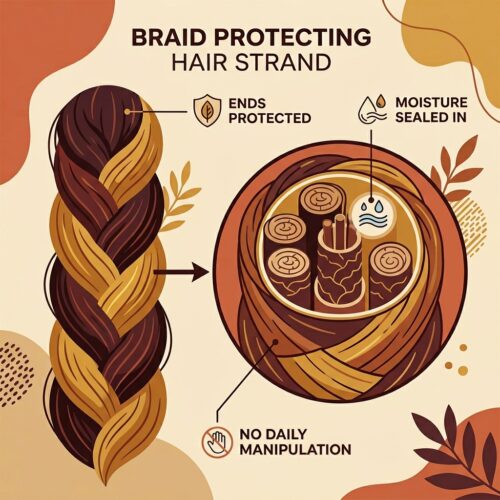 how protective styles for length retention work — infographic showing breakage prevention and hair growth