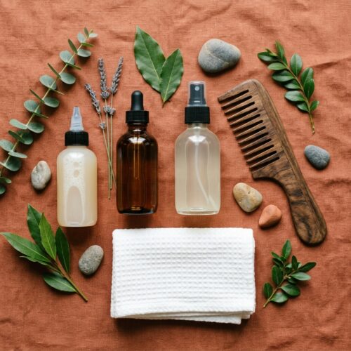 scalp care routine to prevent itchy scalp under braids — applicator bottle, tea tree oil, and scalp spray for humidity
