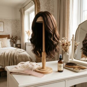 how to store your wig properly — wig on a wig stand in a clean organised bedroom vanity