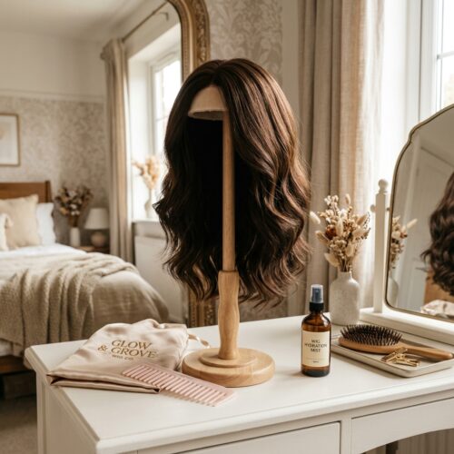how to store your wig properly — wig on a wig stand in a clean organised bedroom vanity