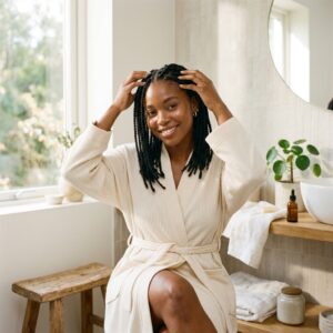 healthy scalp habits for itchy scalp under braids — woman with comfortable long-lasting braids in humid weather