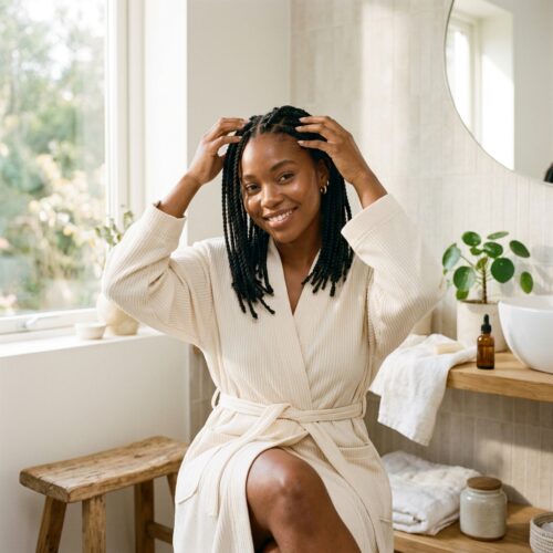 healthy scalp habits for itchy scalp under braids — woman with comfortable long-lasting braids in humid weather